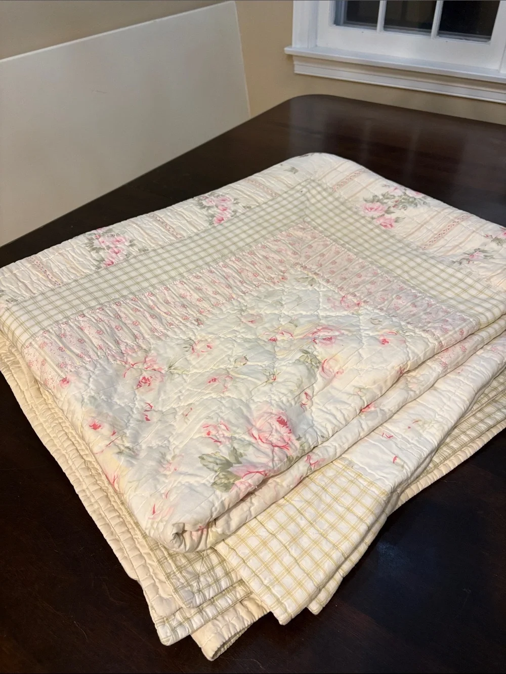 Cream and Pink Floral Patchwork Hand stitched  Quilt
